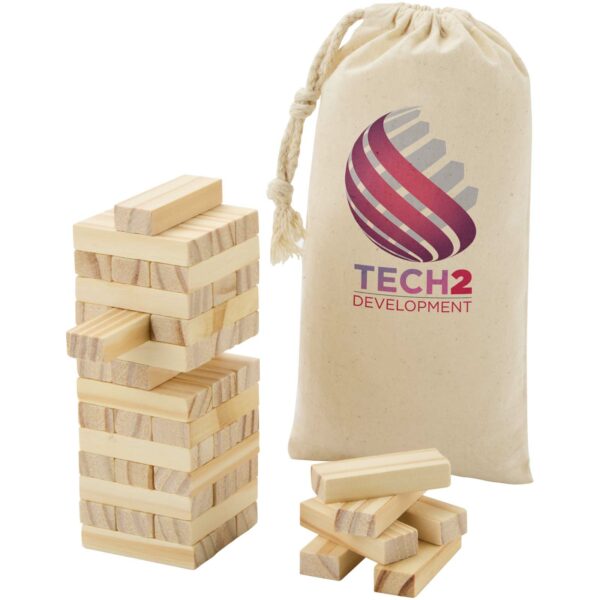 Jumble wooden toppling tower game – Natural with logo