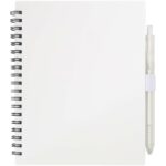Niove recycled plastic soft cover notebook and ballpoint pen set (blue ink) – White front view