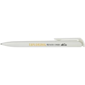 Lucia recycled plastic ballpoint pen (black ink) – White with logo