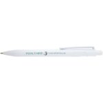 Unica recycled plastic ballpoint pen (blue ink) – White with logo