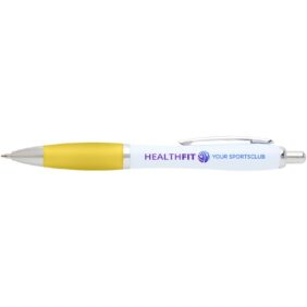 Nash recycled plastic ballpoint pen (blue ink) – Yellow with logo
