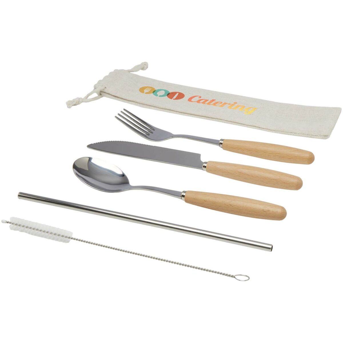 Root 5-piece stainless steel and beech wood cutlery set – Natural with logo
