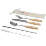 Root 5-piece stainless steel and beech wood cutlery set – Natural with logo