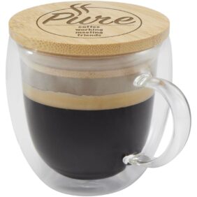 Lenora 250 ml glass cup with bamboo lid – Transparent clear with logo