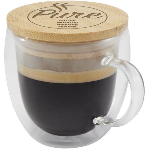 Lenora 250 ml glass cup with bamboo lid – Transparent clear with logo