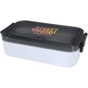 Snappy lunch box and cutlery set – White with logo
