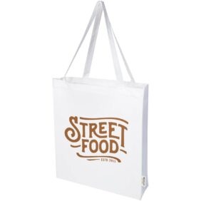 Madras 140 g/m² GRS recycled cotton gusset tote bag – White with logo