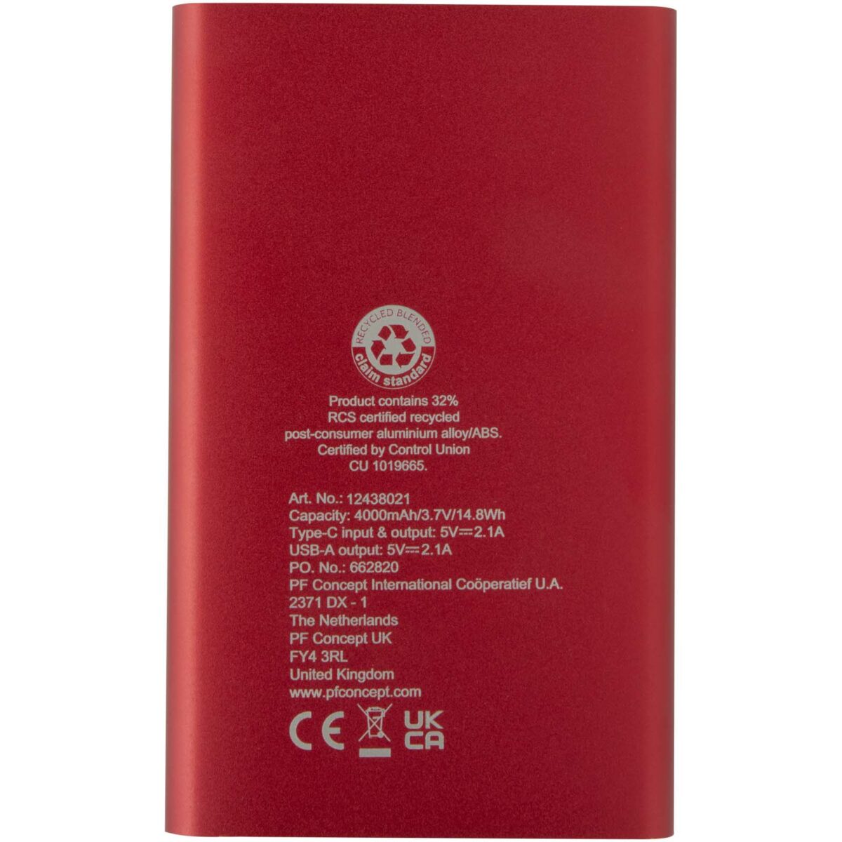 Pep 4000 mAh Type-C recycled aluminium power bank – Red back view