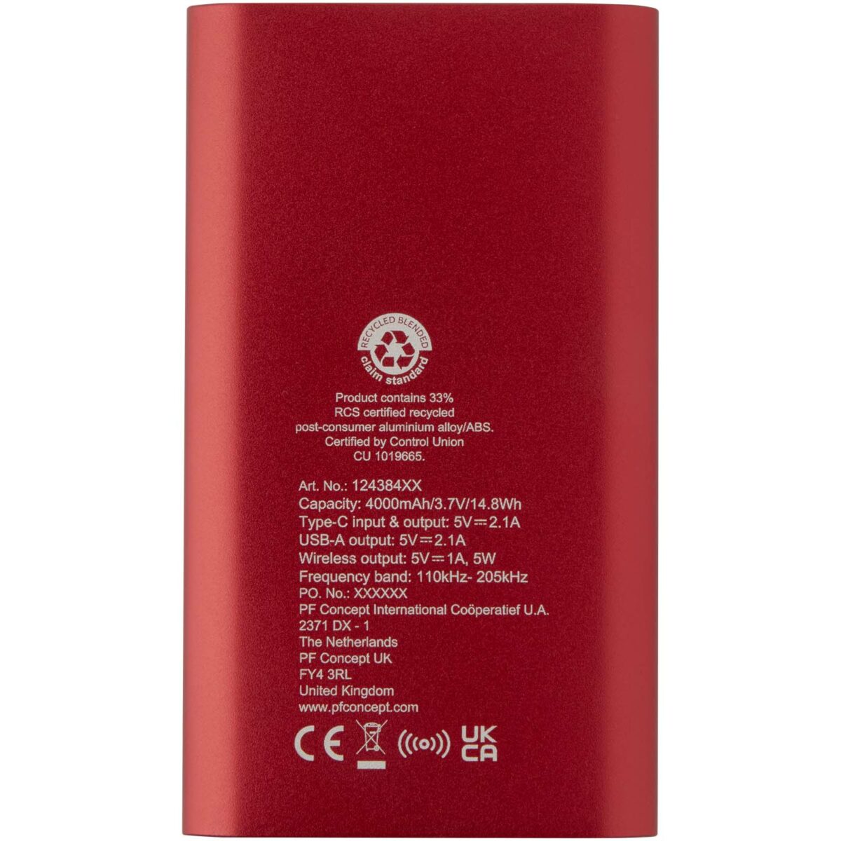 Juice 4000 mAh Type-C recycled aluminium wireless power bank – Red back view