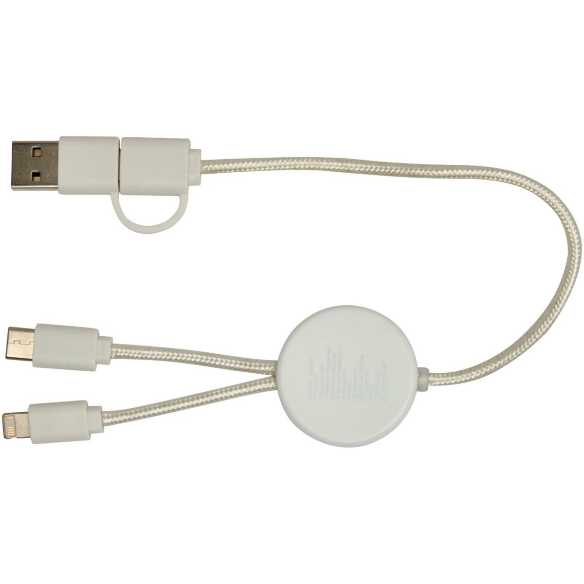 Chechia 5-in-1 recycled plastic 30 cm data sync and 27W fast charge cable with bamboo details – White back view