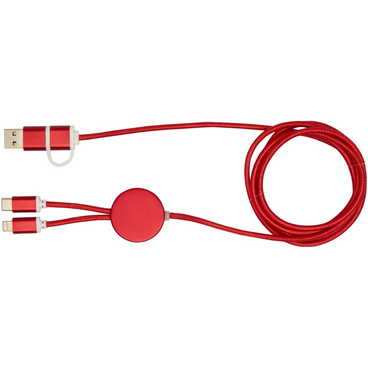Alasia 5-in-1 recycled aluminium and plastic 150 cm data sync and 27W fast charge cable – Red front view