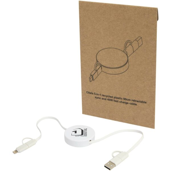 Citala 5-in-1 recycled plastic 90 cm retractable data sync and 40W fast charge cable – White with logo