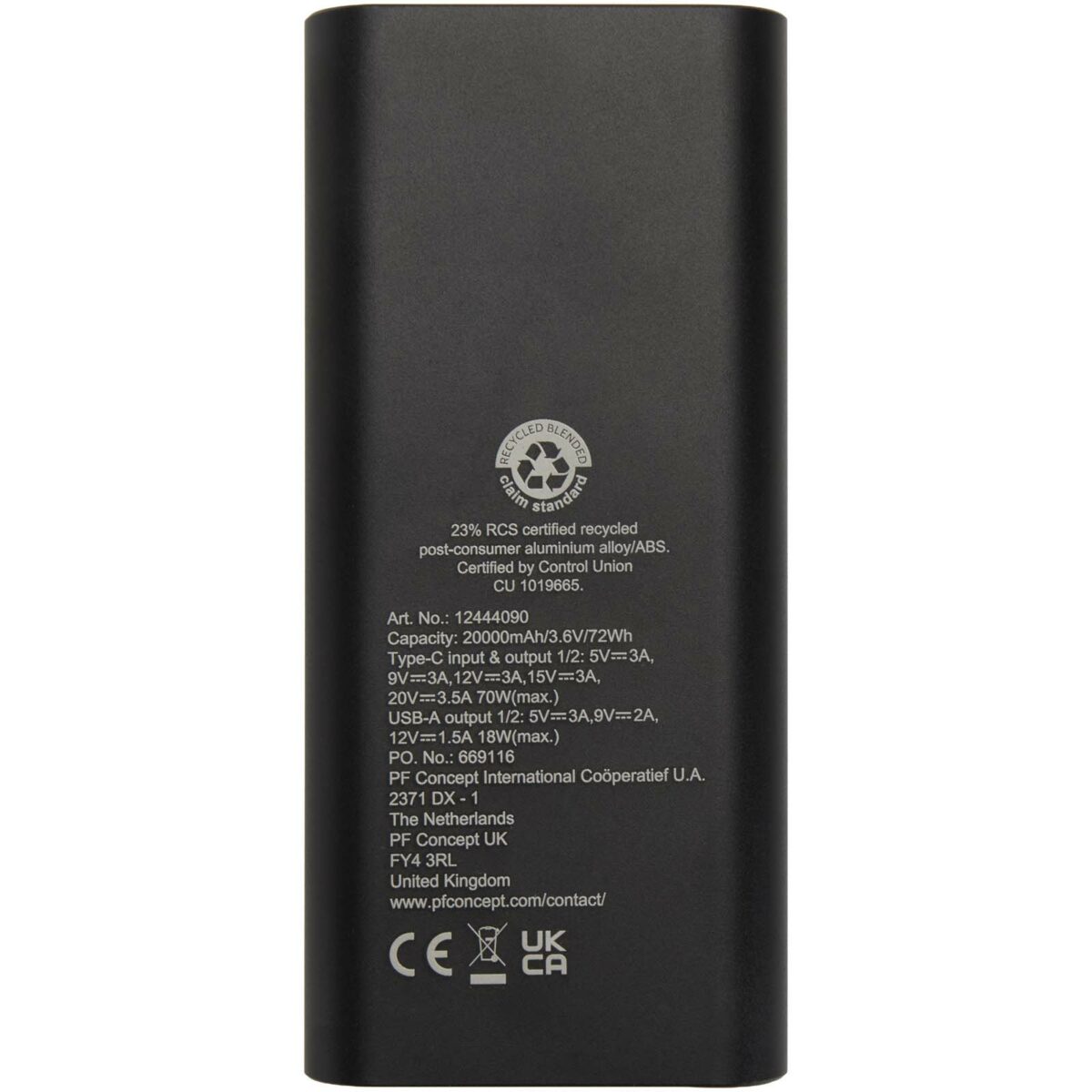 Acamar 20.000 mAh 70W recycled aluminium laptop power bank – Solid black back view