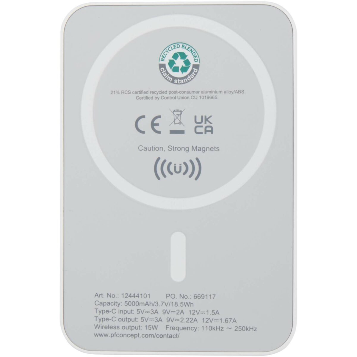 Acrab 5000 mAh 15W magnetic wireless power bank with 20W PD - made from recycled plastic – White back view