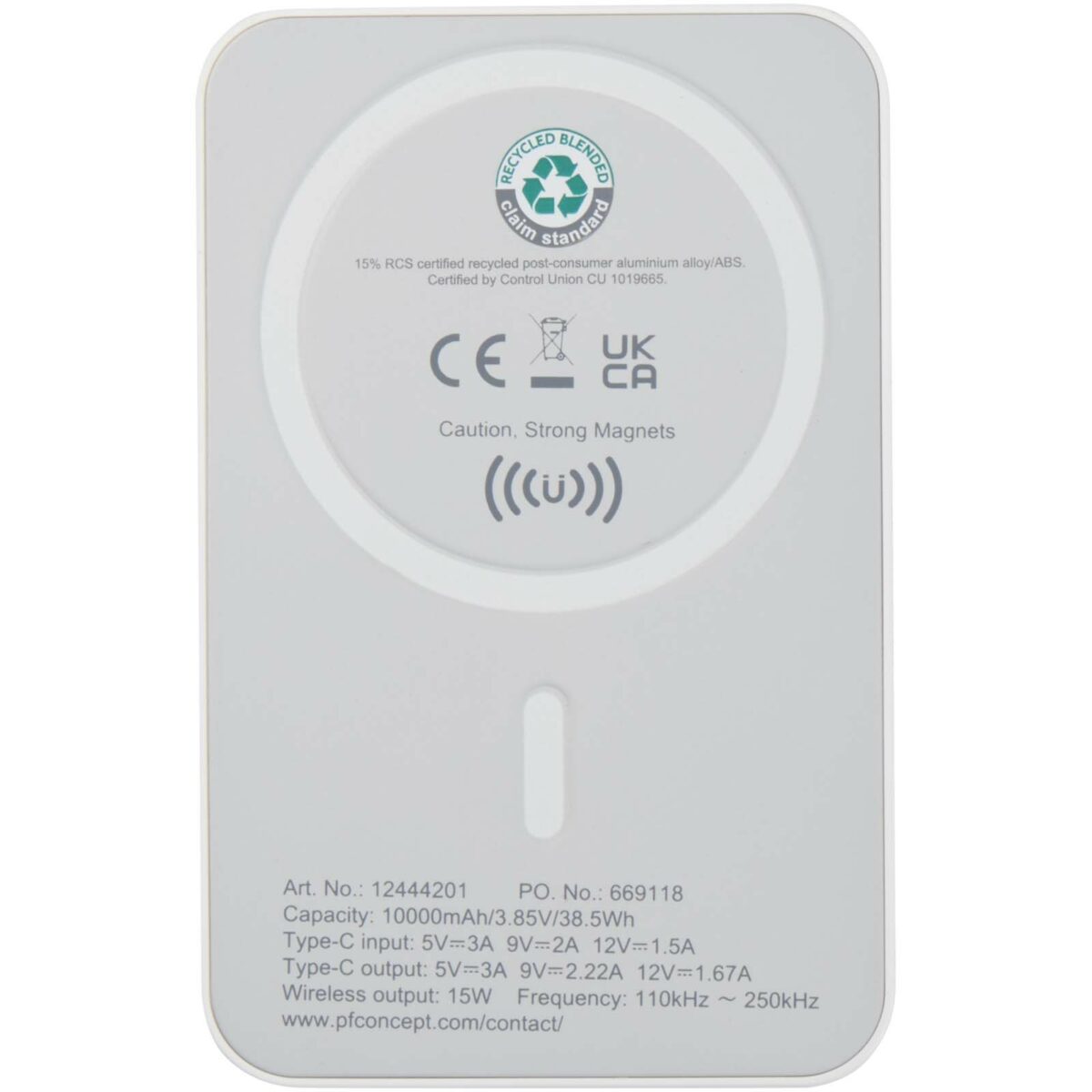 Acrab 10.000 mAh 15W magnetic wireless power bank with 20W PD - made from recycled plastic – White back view