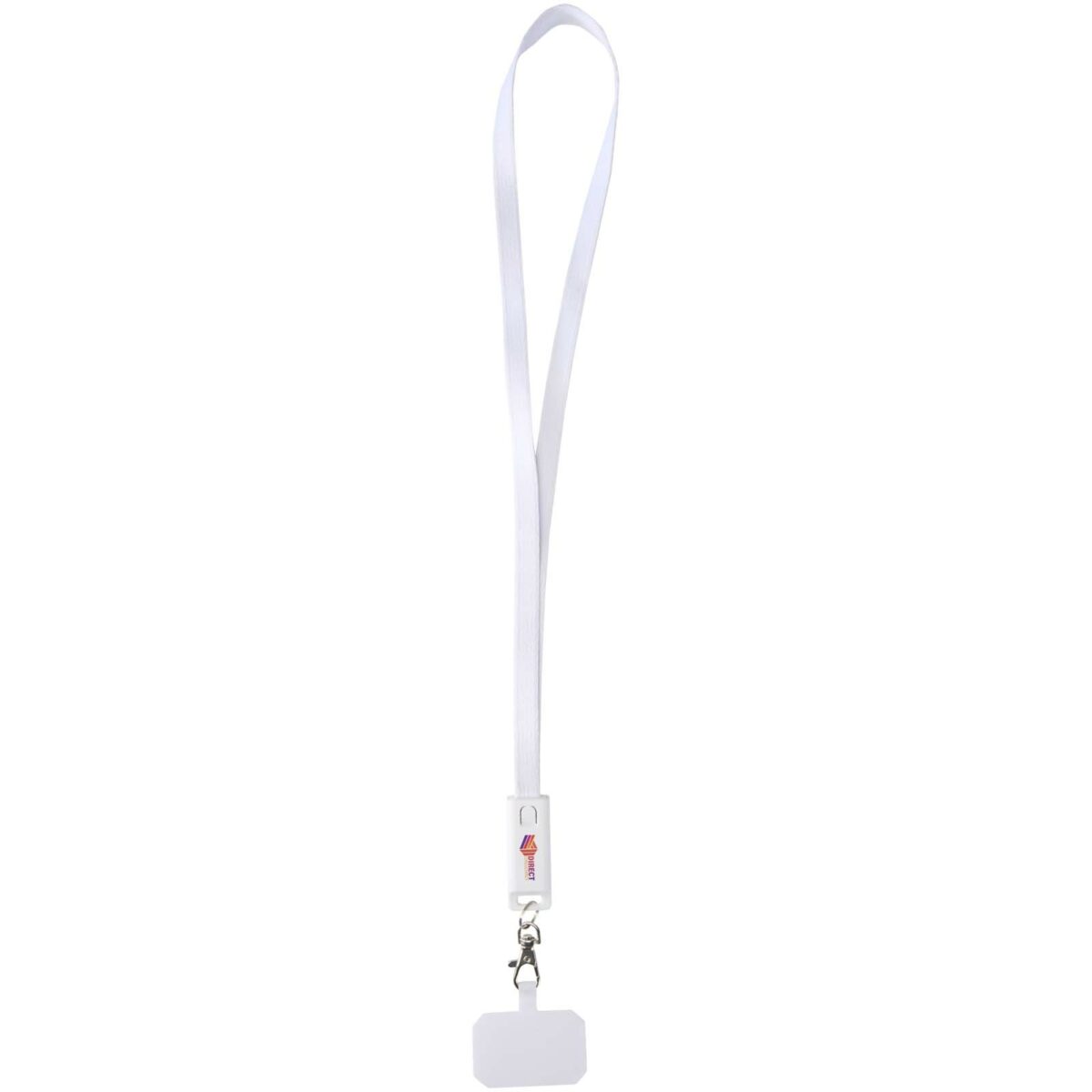 Franz recycled plastic smartphone lanyard with built-in data sync and 65W fast charge 5-in-1 cable – White with logo