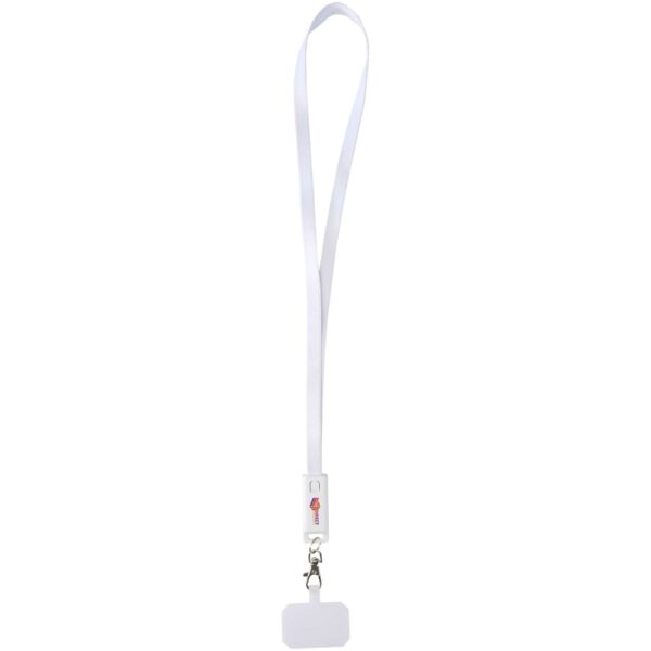 Franz recycled plastic smartphone lanyard with built-in data sync and 65W fast charge 5-in-1 cable – White with logo