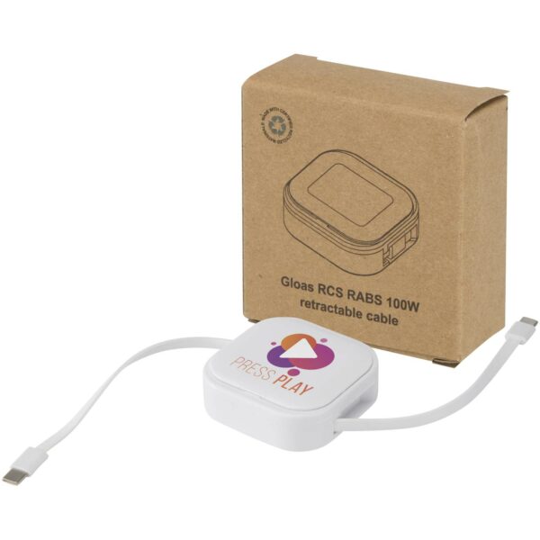 Gloas 5-in-1 recycled retractable data sync and 100W fast charge cable with smartphone tool kit – White with logo