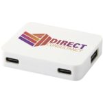 Gaia 4-port USB hub with USB-A and Type-C output and dual input - made from recycled plastic – White with logo