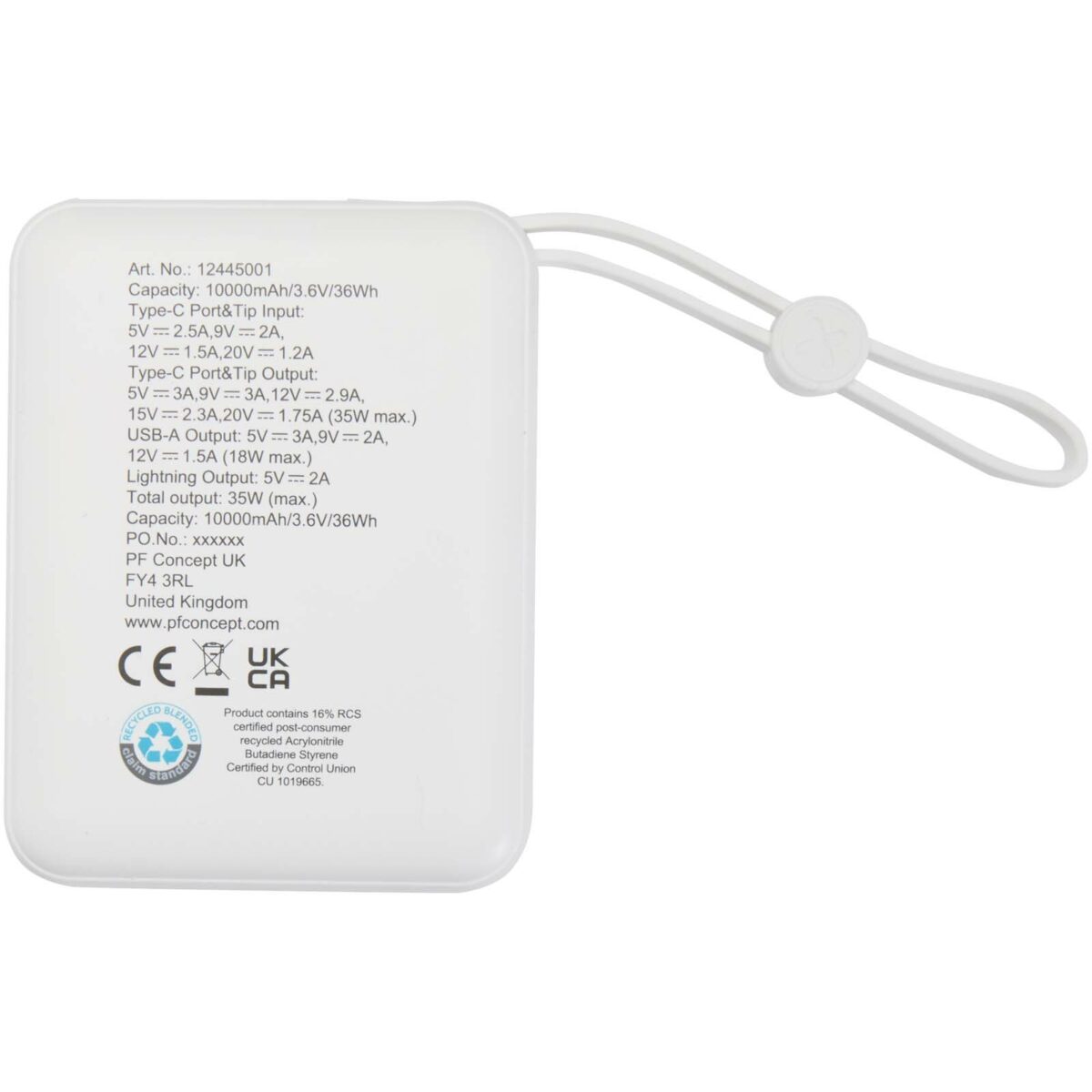 Acrux 10.000 mAh 35W tablet power bank with built in Type-C cable - made from recycled plastic – White back view