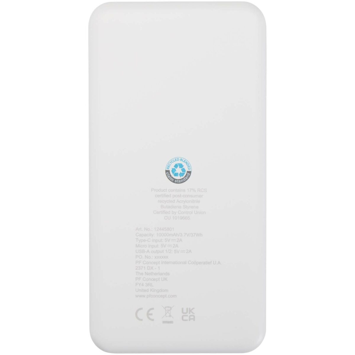 Intan 10.000 mAh 10W recycled plastic power bank – White back view