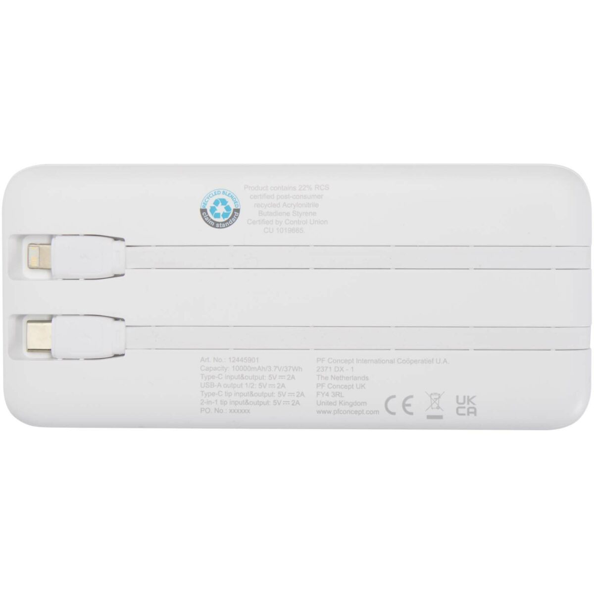 Adhil 10.000 mAh 10W recycled plastic power bank with 2 built-in cables – White back view