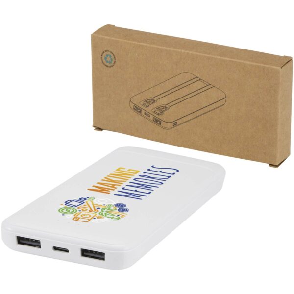 Adhil 10.000 mAh 10W recycled plastic power bank with 2 built-in cables – White with logo