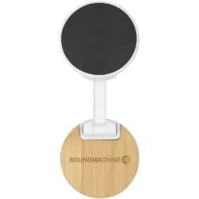 Alcor recycled plastic foldeable magnetic phone stand with bamboo details – White with logo