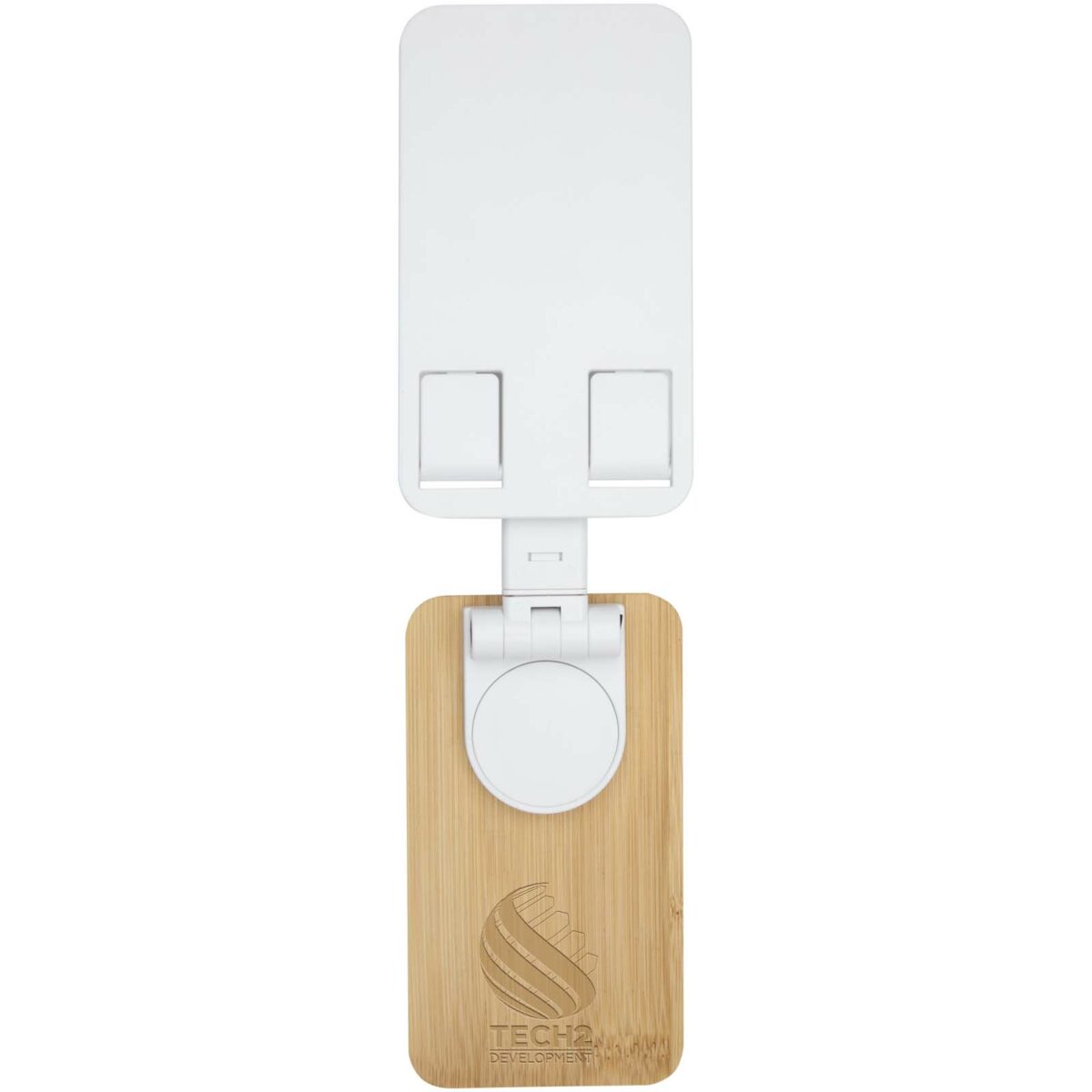 Alfirk recycled plastic foldeable desk phone stand with bamboo details – White with logo