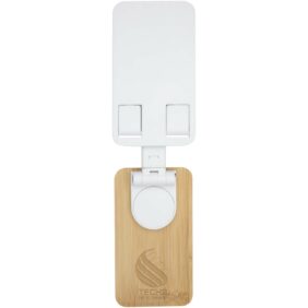 Alfirk recycled plastic foldeable desk phone stand with bamboo details – White with logo