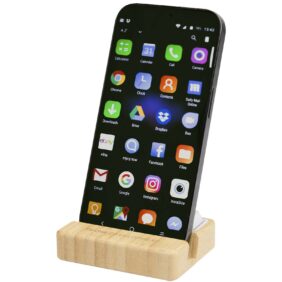 Algol recycled plastic phone stand and fidget toy with bamboo details – Wood with logo