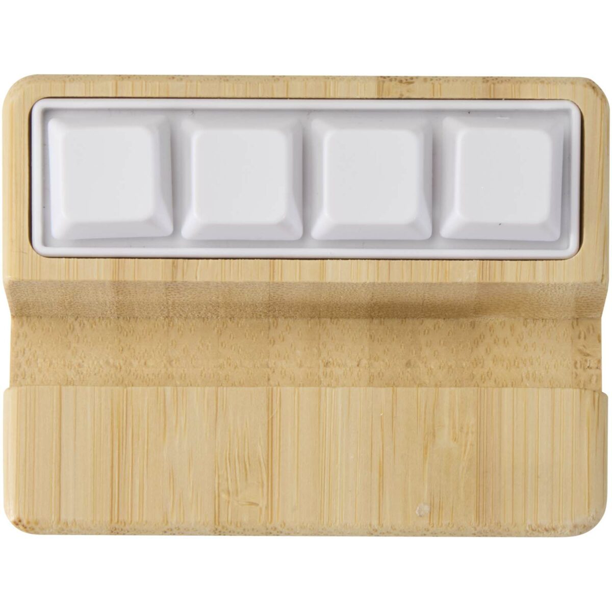 Algol recycled plastic phone stand and fidget toy with bamboo details – Wood front view