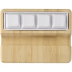 Algol recycled plastic phone stand and fidget toy with bamboo details – Wood front view