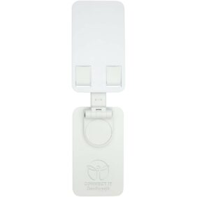 Alhena recycled plastic foldeable phone holder with metal desk stand – White with logo