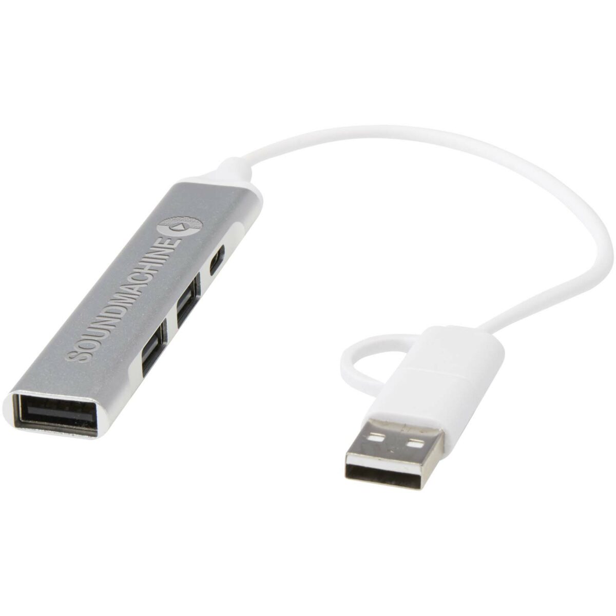 Alkaid 4-port recycled aluminium USB-A and Type-C hub with dual input – Silver with logo
