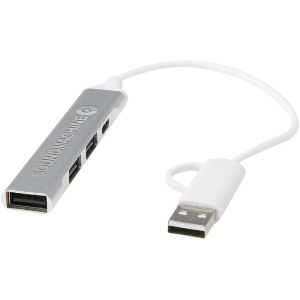 Alkaid 4-port recycled aluminium USB-A and Type-C hub with dual input – Silver with logo