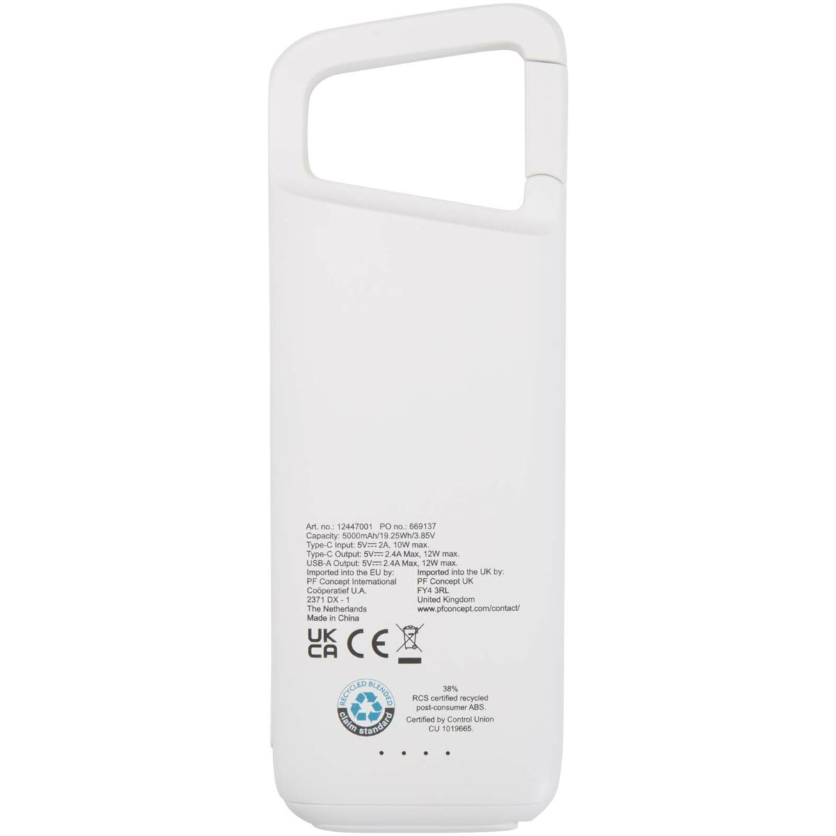 Alkes 5000 mAh 12W recycled plastic water resistant power bank with carabiner – White back view
