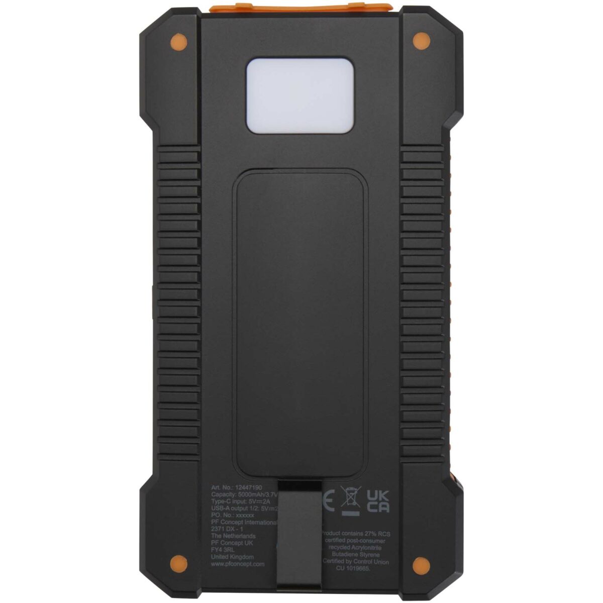Altair 5000 mAh 10W recycled plastic rugged solar power bank with built-in torch – Solid black back view