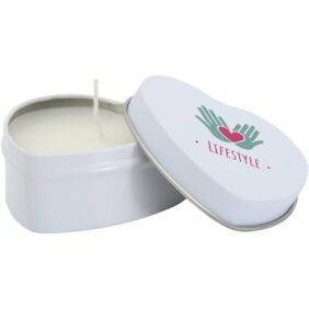 Blissful heart-shaped tin candle with vanilla aroma – White with logo