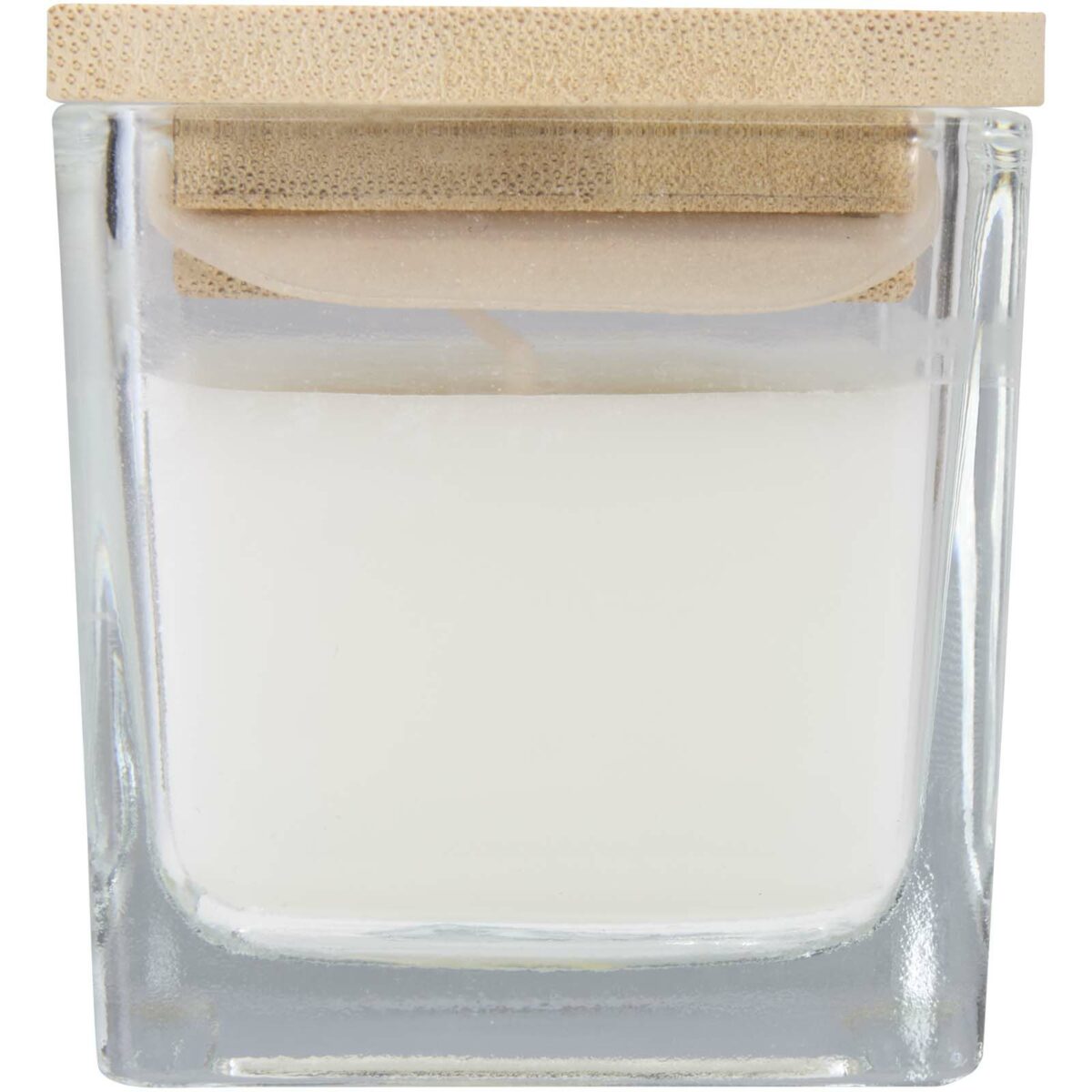 Ambra square glass candle with bamboo lid – White front view