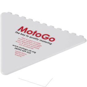 Frosty triangular recycled plastic ice scraper – White with logo