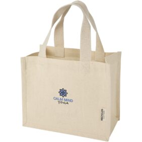 Odessa 220 g/m² GRS recycled cotton mini gusset tote bag 9L – Natural with logo
