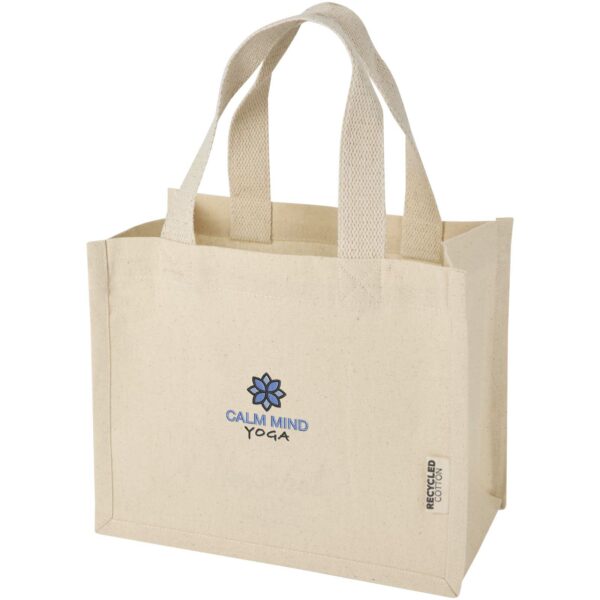 Odessa 220 g/m² GRS recycled cotton mini gusset tote bag 9L – Natural with logo